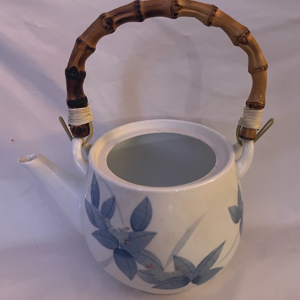 Vintage UCGC Japan Ceramic Tea Pot Bamboo Handle Handmade Blue Brown
